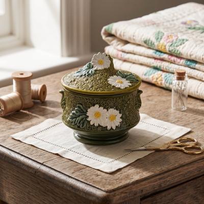 Rossini Green Daisy Ceramic Sewing Jar