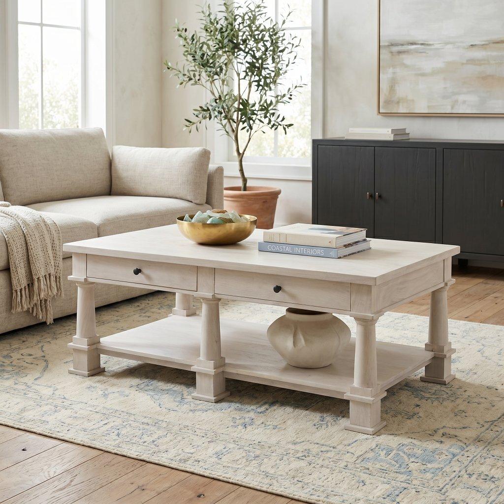 Whitewash Mango Wood Coffee Table with Drawers