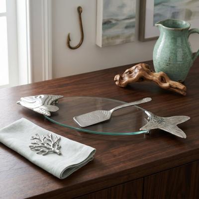 Pewter and Glass Fish Serving Tray with Server