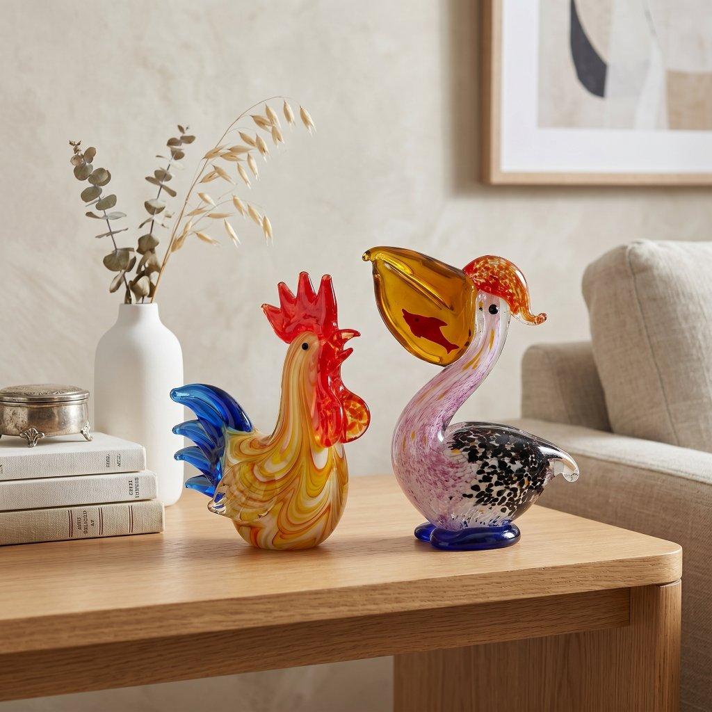 Hand-Blown Glass Pelican Figurine with Fish