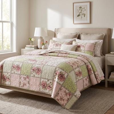 Pink & Green Floral Queen Quilt Set