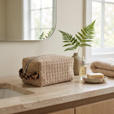 Waffle Weave Cosmetic Pouch with Leopard Trim